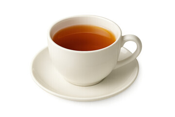 White porcelain teacup with amber tea resting on matching saucer