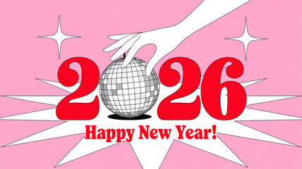 Naklejka premium Happy new year 2026 with disco ball and starbursts on pink background