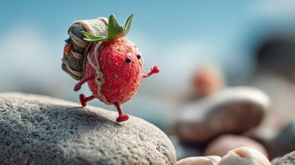 Anthropomorphic Adventurous Strawberry Explorer with Backpack on Rocks