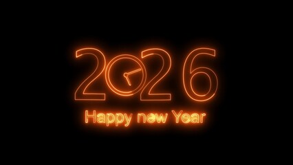 Orange Neon 2026 Clock Happy New Year Text time