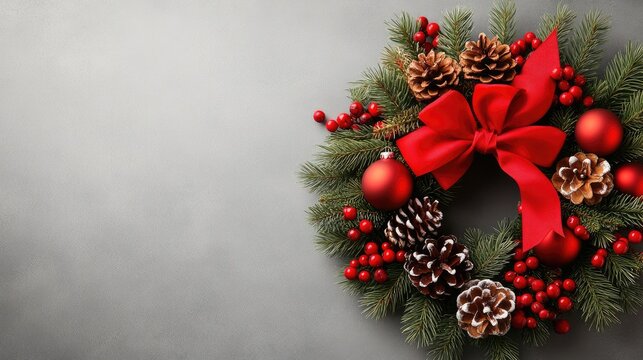 A festive Christmas wreath featuring vibrant red ornaments and a large bow rests on a shimmering silver surface, perfect for holiday invitations and seasonal greetings