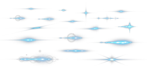 Set of blue horizontal lens flare streaks and starburst light effects on transparent background.