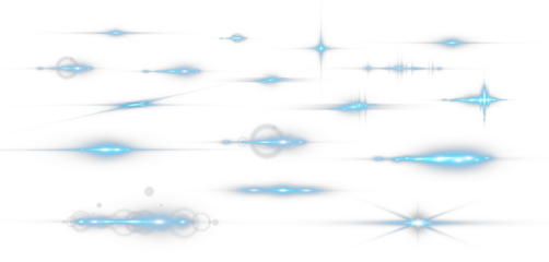 Set of blue horizontal lens flare streaks and starburst light effects on transparent background.
