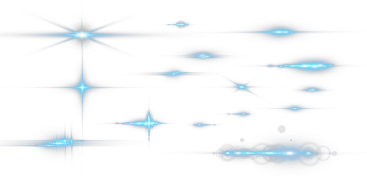 Set of blue horizontal lens flare streaks and starburst light effects on transparent background.