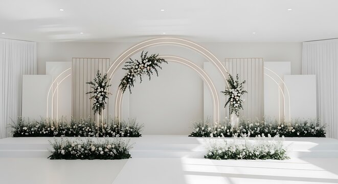 Elegant stage with floral arch and decoration in minimalistic white tone