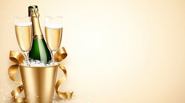 Toast to the New Year with sparkling champagne in elegant glasses, featuring a golden ribbon and bright yellow background. Perfect for festive celebrations and greeting cards - Powered by Adobe