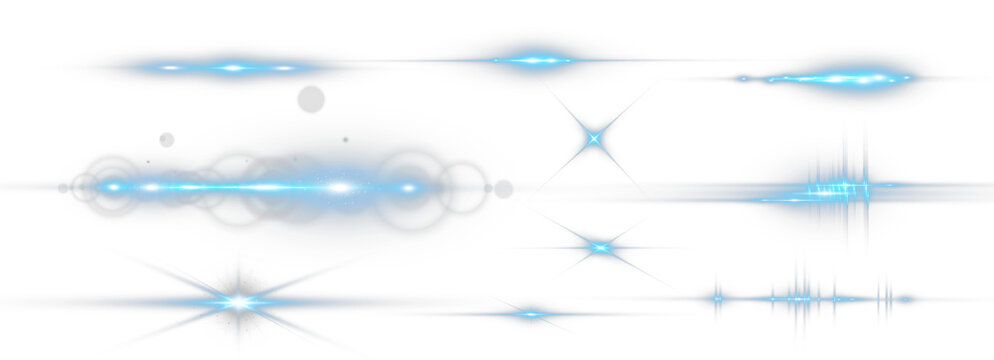 Set of blue horizontal lens flare streaks and starburst light effects on transparent background.