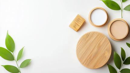 Natural skincare products arranged on clean surface with bamboo containers and green leaves, creating fresh and eco friendly aesthetic