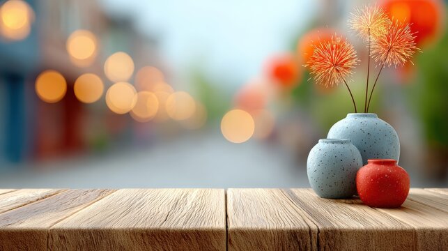 A serene composition featuring decorative vases on a wooden table, ideal for various themes like home decor, relaxation, or seasonal celebrations, set against a softly blurred street background,