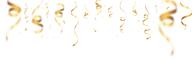 Golden festive confetti ribbons and sparkling stars falling in a celebratory decorative scene on a transparent PNG background.
