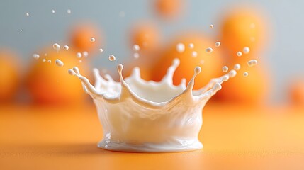 A dynamic splash of milk captures the essence of freshness, ideal for food and beverage promotions, dairy product ads, or lifestyle imagery, The vibrant background adds a cheerful touch,