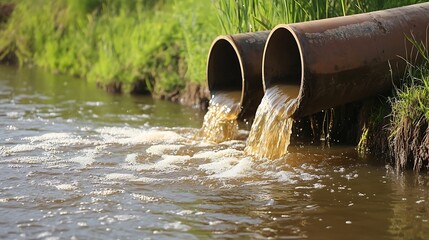 Industrial discharge pipes polluting river high resolution photo