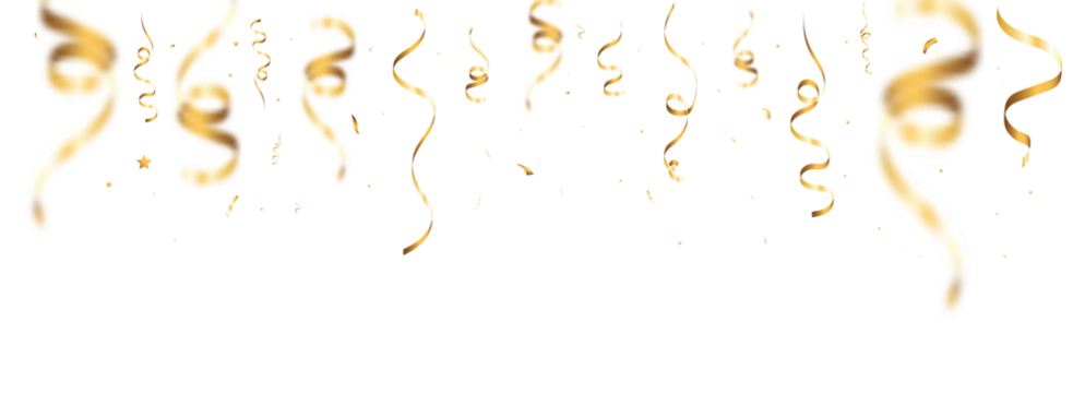 Golden festive confetti ribbons and sparkling stars falling in a celebratory decorative scene on a transparent PNG background.