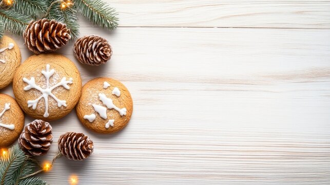 Gingerbread cookies decorated with snowflake designs are arranged alongside pine cones and Christmas tree branches, illuminated by gentle twinkling lights on a rustic wooden surface