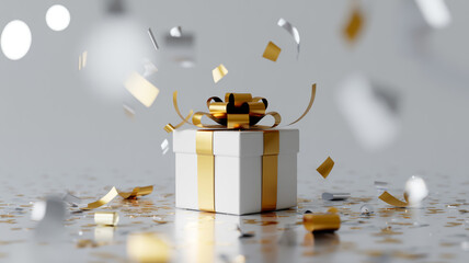 A gift box with gold ribbon and falling confetti, festive celebration