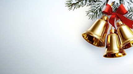 Christmas bells with shimmering gold and bright red ribbons are elegantly displayed on a snowy pine branch, creating a festive mood with a soft bokeh backdrop for seasonal greetings