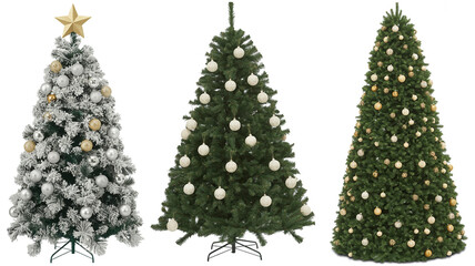 Three decorated christmas trees frosted, white baubles, and gold baubles