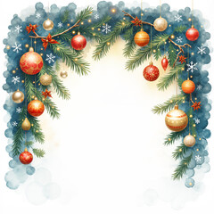 Festive Christmas garland with pine branches golden and red ornaments snowflakes and copy space for holiday celebration words concept