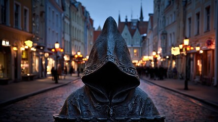 Mysterious Hooded Figure in Historic European City
