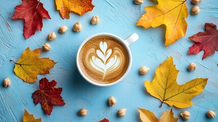 Flat lay top view of soy milk and autumn leaves on blue background, evoking fall mood. Minimalist style with natural soft light, low contrast, high resolution, sharp edges, and copy space for social 
