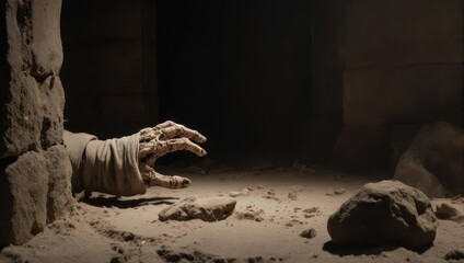Mummys Hand Emerging from Sand in a Dark, Mysterious Tomb.