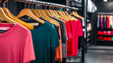 Obraz premium Vibrant t-shirts on hangers in a retail store high resolution photo
