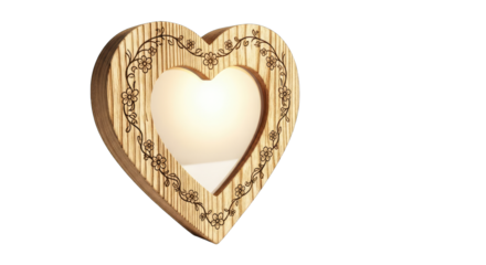 Heart Shaped Wooden Frame with Ornate Carvings and Transparent Background Illuminated by Soft Light Symbolizing Love and Romance