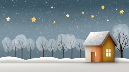 A cozy house sits in a snowy landscape under a starry night sky, perfect for creating a festive or winter-themed atmosphere in designs, holiday promotions, or seasonal marketing materials,