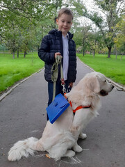 A schoolboy walks along a park path heading to school with a guide dog that carries his textbooks in a special side pouch.