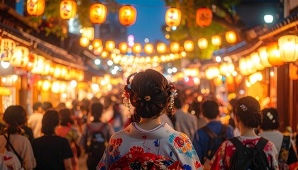 Obraz premium Japanese summer festival night scene with glowing lanterns and festive lights