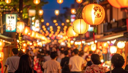 Fototapeta premium Japanese summer festival night scene with glowing lanterns and festive lights