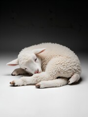 Fototapeta premium A cute, high-key photograph of a small, incredibly Fluffy Lamb lying on its side, fast asleep.