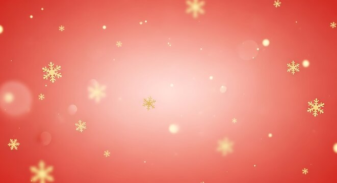 Festive red background with falling golden snowflakes and bokeh lights