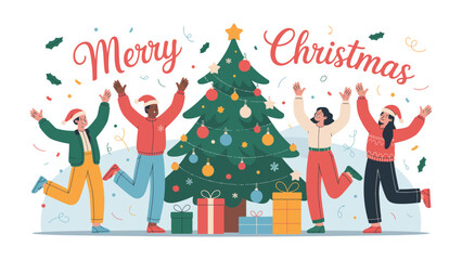 Festive Cheer: A joyful scene of diverse individuals celebrating Christmas with a decorated tree and gift presents, radiating the spirit of the season.