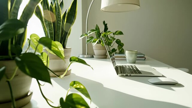 A modern workspace comes alive with this serene scene of a laptop computer sitting on a white desk next to a lush plant, capturing the calm focus and productivity concept in a contemporary.