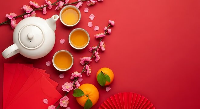 Lunar new year celebration with tea, oranges, red envelopes