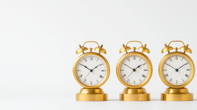 Classic gold alarm clocks arranged in row on white background, symbolizing time management and punctuality