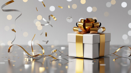 A white gift box with a gold ribbon and bow, with falling confetti