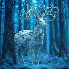 Mystical White Deer in Blue Forest