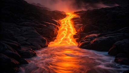 A vibrant glowing stream of molten lava flows powerfully between jagged dark volcanic rocks in an active volcanic landscape