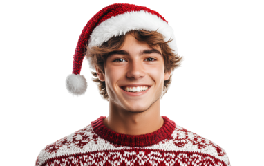 Smiling Young Man with Santa Hat and Holiday Sweater Celebrating Season Festive Joy Warmth
