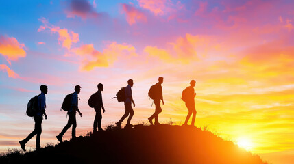 Hikers silhouette against vibrant sunset, showcasing teamwork and adventure in nature. scene evokes sense of exploration and camaraderie