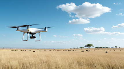Drone flies over vast savanna landscape, capturing beauty of nature and wildlife. scene features tall grass, scattered trees, and clear blue sky