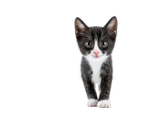 Obraz premium Black and white kitten with green eyes standing on transparency background, looking curious and alert, displaying soft fur and playful expression, perfect for pet and animal themes