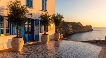 Luxurious villa terrace with infinity pool overlooking a coastal cliffside at sunrise