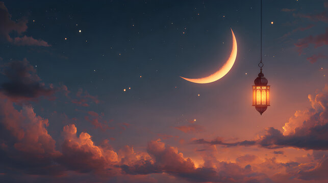 Nighttime Ramadan sky with crescent moon and warm lantern glow