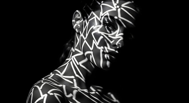 A high-contrast black and white portrait of a woman with abstract geometric light patterns projected onto her skin, a futuristic concept for technology and art websites. - Powered by Adobe