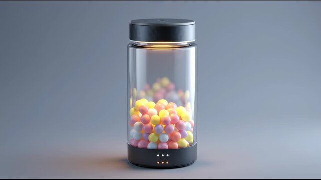 Modern glass jar filled with colorful candies on a simple gray background