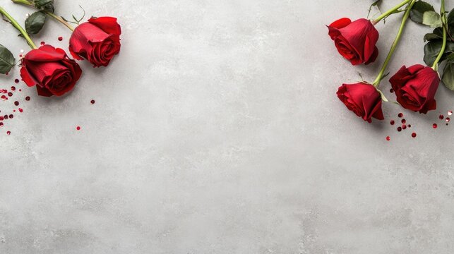 Red roses elegantly border a white background, with colorful confetti scattered around. This exquisite setup creates a perfect ambiance for Valentine's Day celebrations
