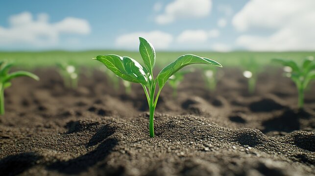 Healthy tomato seedlings are emerging from dark soil, basking in sunlight. The vibrant leaves reflect growth and vitality against a clear blue sky and lush green background